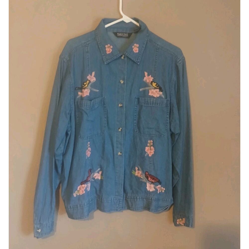 Vintage Take Two Shirt Womens XL Y2K Chambray Embroidered Bird Floral Button Up